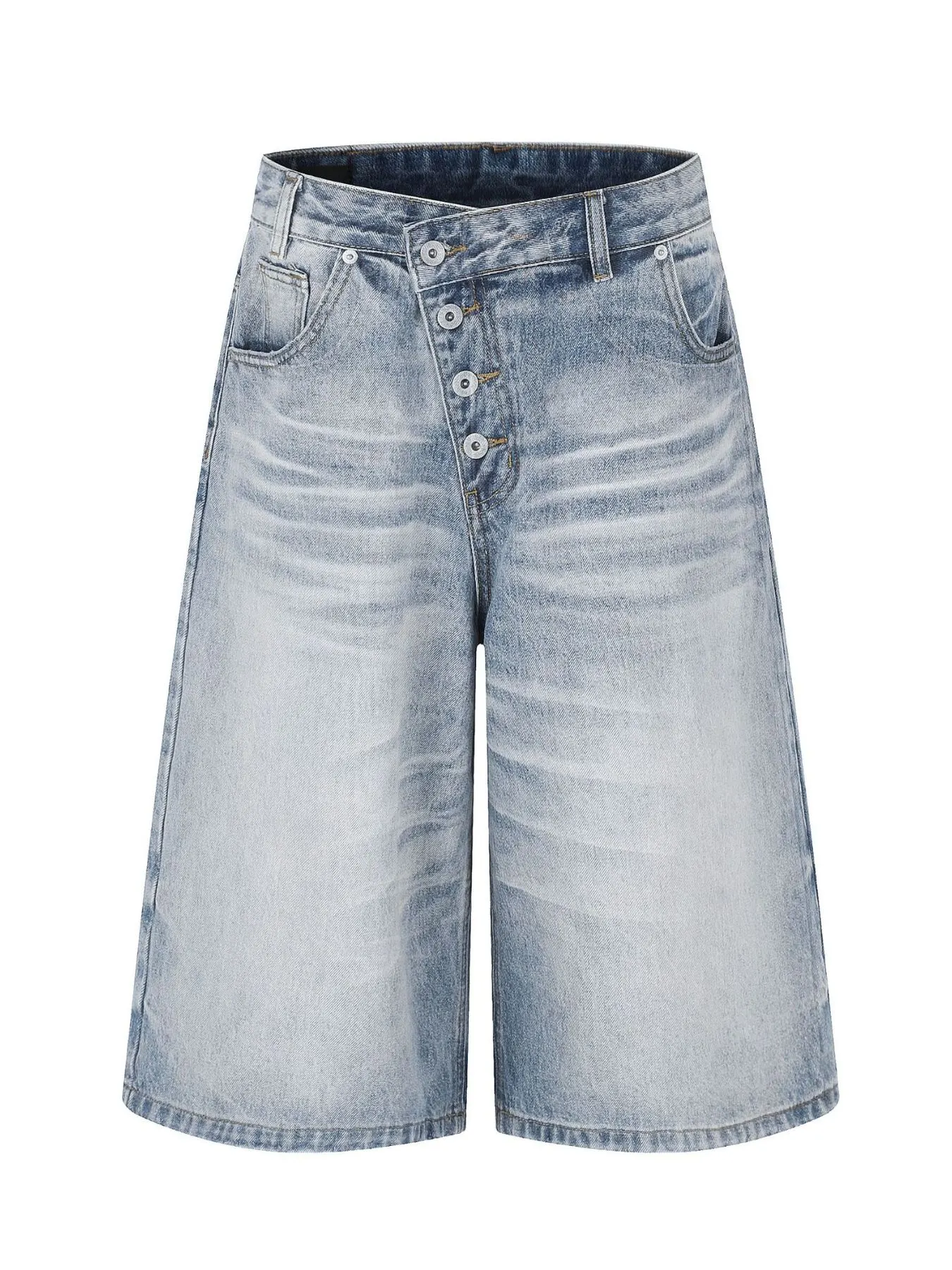 Men's High-Waisted Asymmetric Button-Fly Wide-Leg Denim Capris