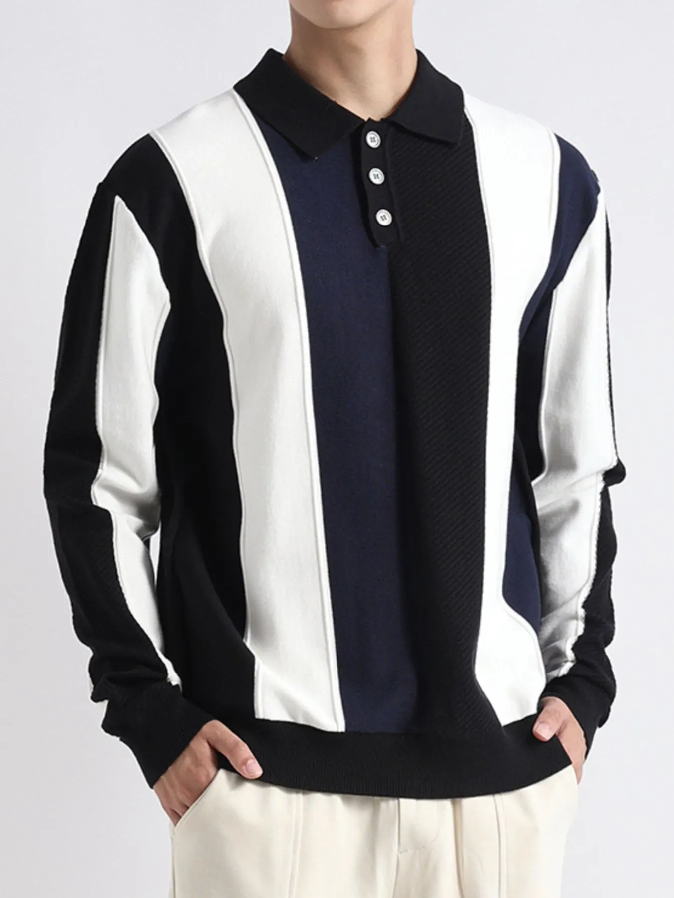 Men's Plus Size Color-Block Striped Polo Collar Knit Top