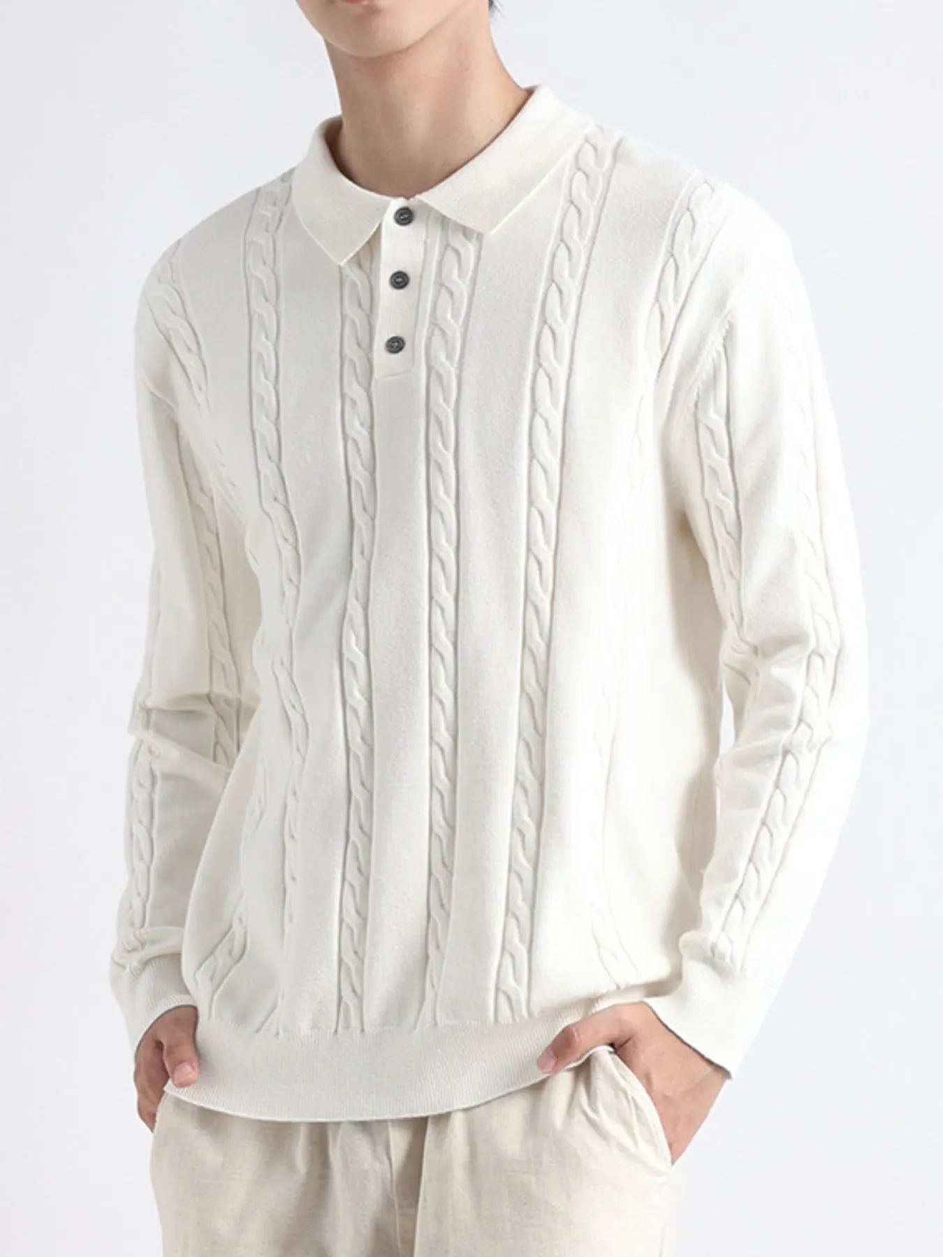 Men's Plus Size Cable-Knit Polo Collar Sweater